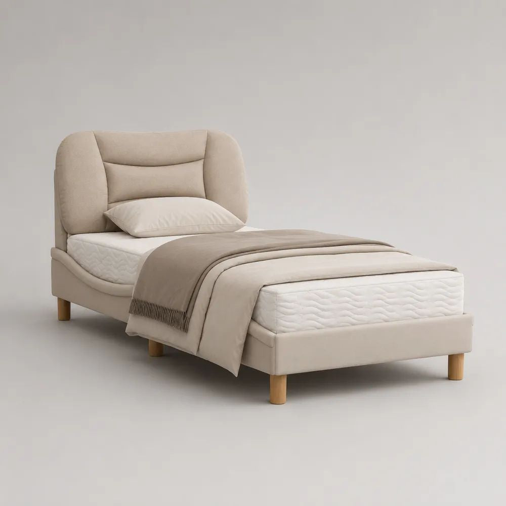 Letto singolo imbottito 90 x 200 cm in ciniglia beige con testiera e rete a doghe