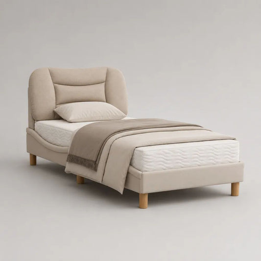 Letto singolo imbottito 90 x 200 cm in ciniglia beige con testiera e rete a doghe