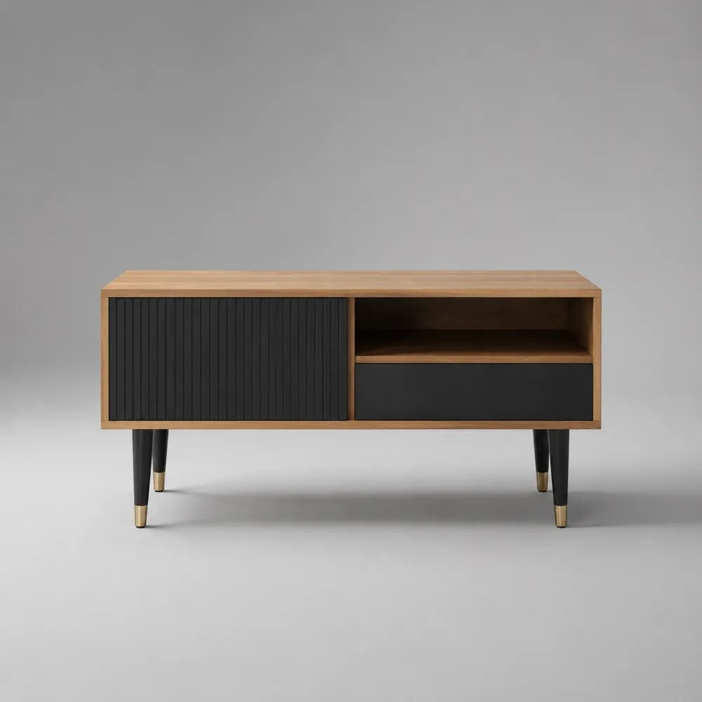 Mobile TV rettangolare in legno, MDF e metallo, rovere naturale e nero, 120 x 40 x 65 cm
