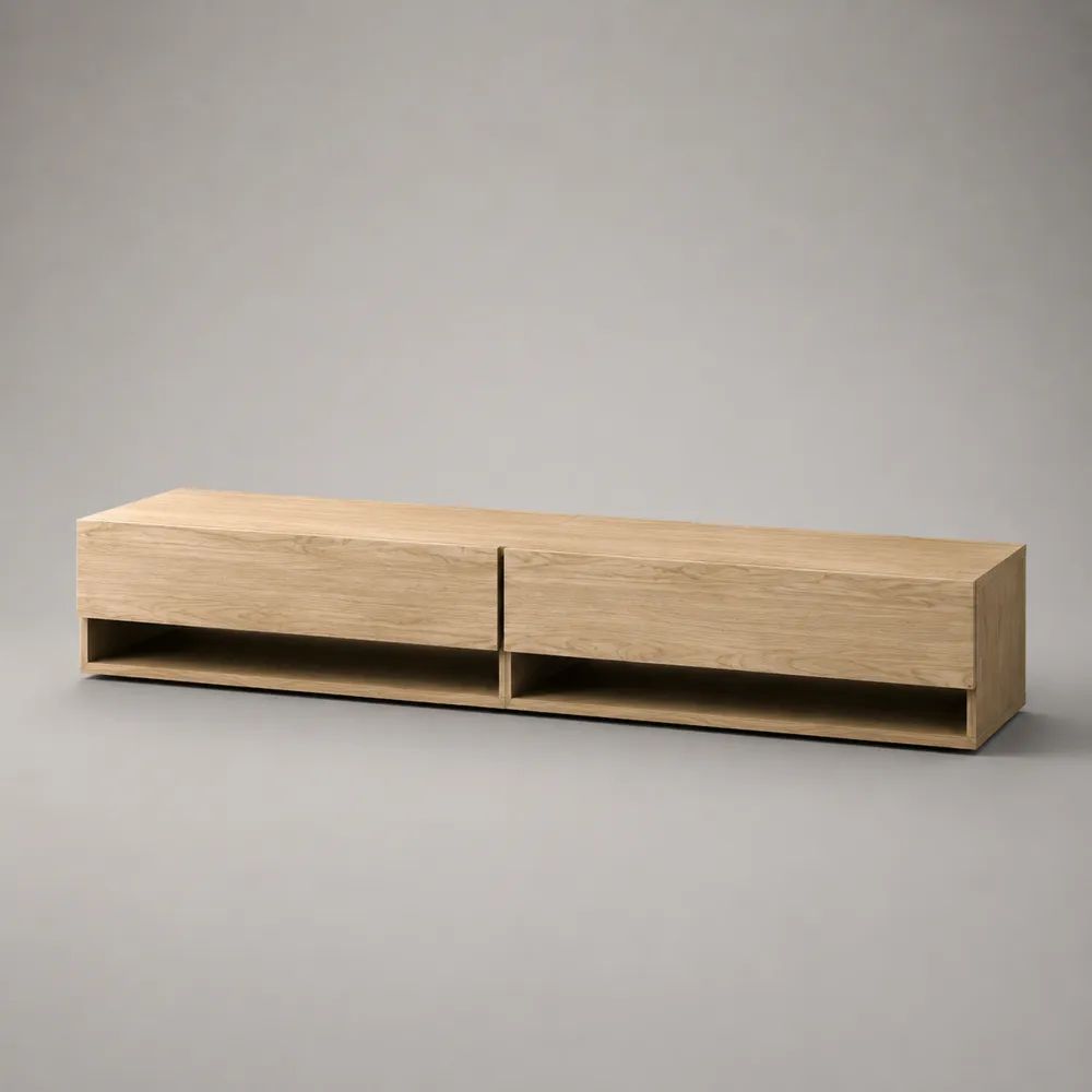 Mobile TV basso in MDF impiallacciato rovere naturale, 180 × 40 × 45 cm, con 2 vani chiusi e 2 vani aperti