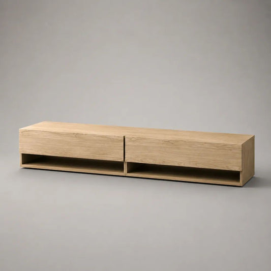 Mobile TV basso in MDF impiallacciato rovere naturale, 180 × 40 × 45 cm, con 2 vani chiusi e 2 vani aperti