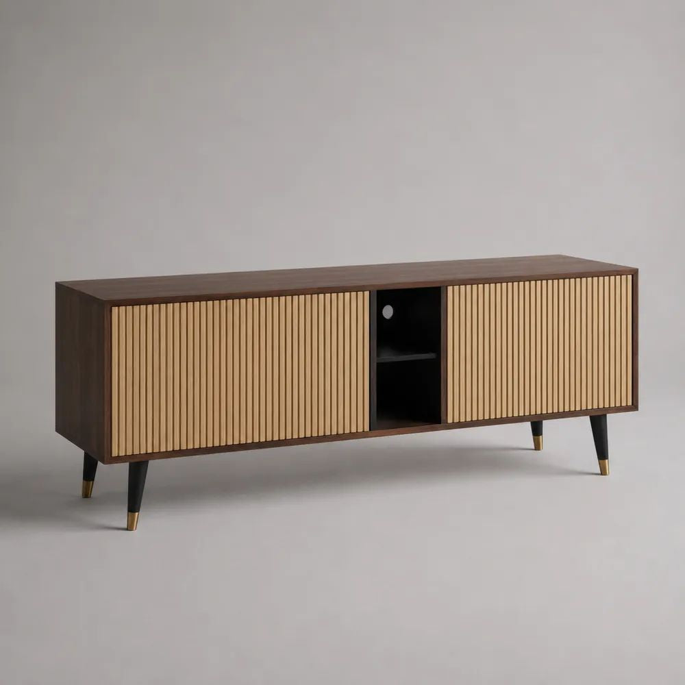 Mobile TV basso rettangolare in legno e metallo con 2 ante scorrevoli scanalate, 160 x 40 x 65 cm, marrone noce e rovere naturale