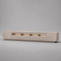 Mobile TV basso in MDF impiallacciato effetto rovere con illuminazione LED, 2 ante e 2 cassetti, beige chiaro e grigio tortora, 240 x 45 x 55 cm