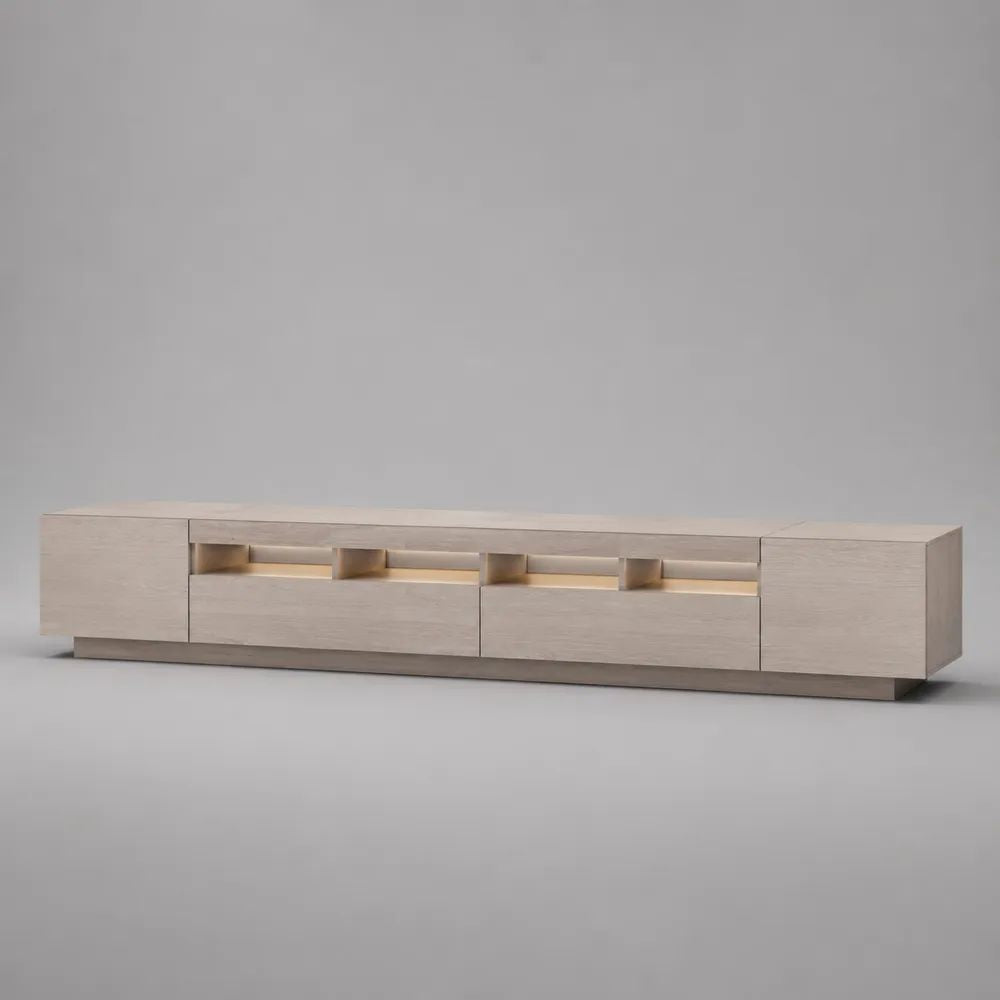 Mobile TV basso in MDF impiallacciato effetto rovere con illuminazione LED, 2 ante e 2 cassetti, beige chiaro e grigio tortora, 240 x 45 x 55 cm