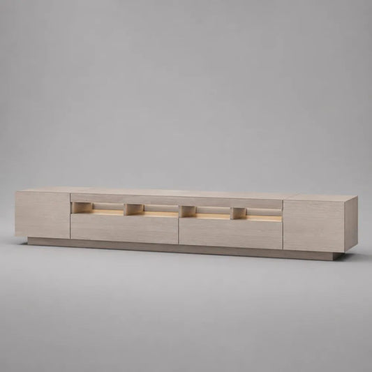 Mobile TV basso in MDF impiallacciato effetto rovere con illuminazione LED, 2 ante e 2 cassetti, beige chiaro e grigio tortora, 240 x 45 x 55 cm