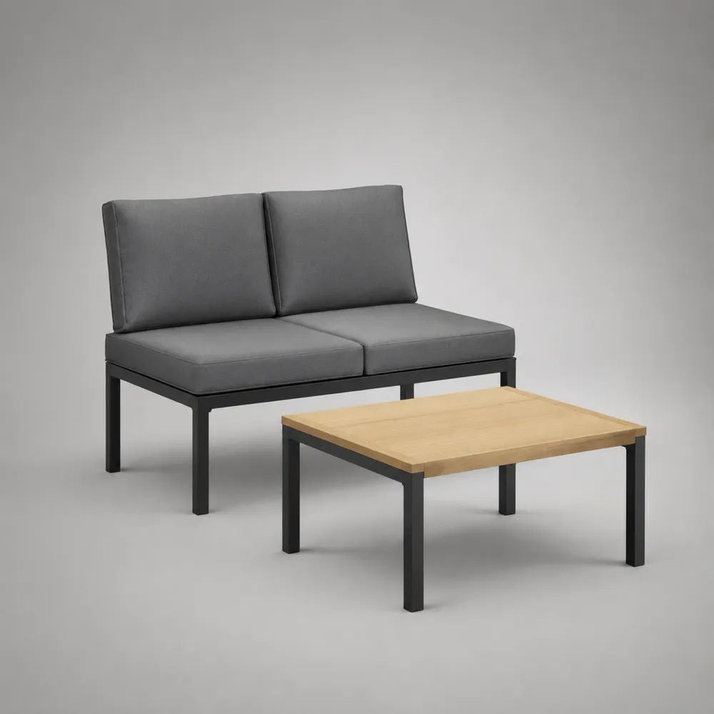 Set di mobili da giardino 2 pezzi con panca a 2 posti in acciaio nero, cuscini grigio antracite e tavolino in legno naturale, 120 x 68 x 79 cm e 90 x 55 x 40 cm