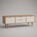Mobile TV rettangolare 160 x 40 x 60 cm in MDF impiallacciato rovere con 2 ante e 2 cassetti, bianco, rovere naturale e ottone