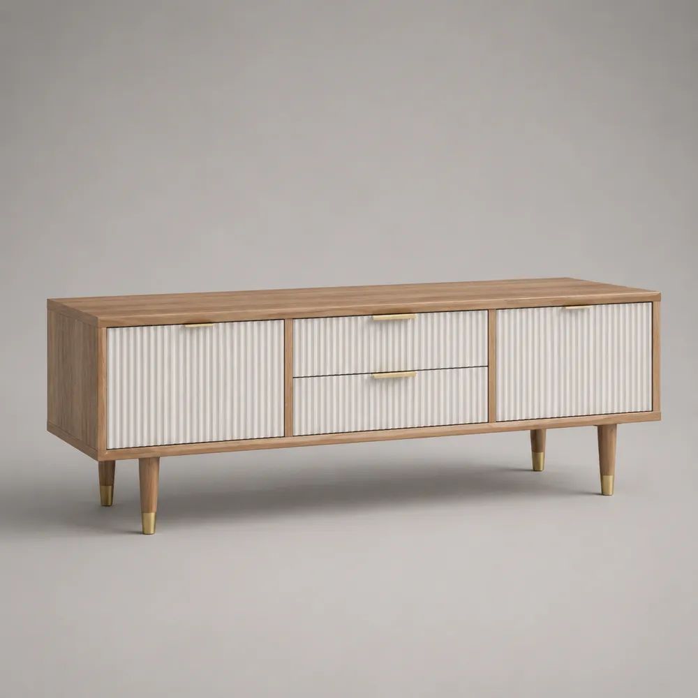 Mobile TV rettangolare 160 x 40 x 60 cm in MDF impiallacciato rovere con 2 ante e 2 cassetti, bianco, rovere naturale e ottone
