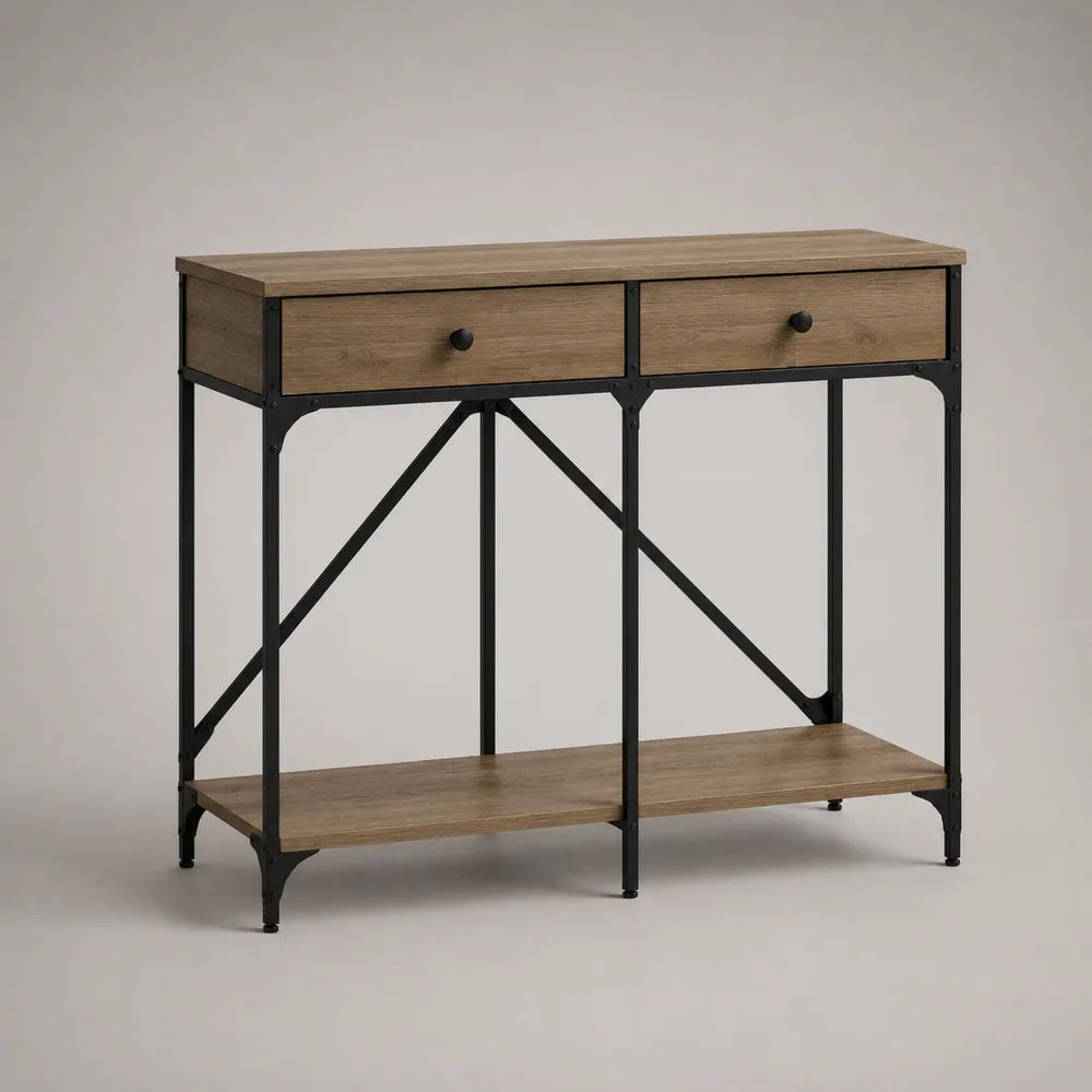 Consolle rettangolare in legno e acciaio con 2 cassetti e ripiano, rovere marrone e nero, 100 x 35 x 80 cm