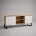 Mobile porta TV rettangolare in legno e metallo, 160 x 40 x 70 cm, con 2 ante bianche, finitura rovere naturale e gambe nere