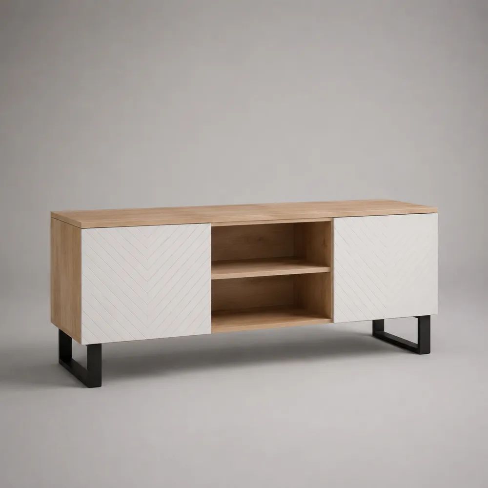 Mobile porta TV rettangolare in legno e metallo, 160 x 40 x 70 cm, con 2 ante bianche, finitura rovere naturale e gambe nere
